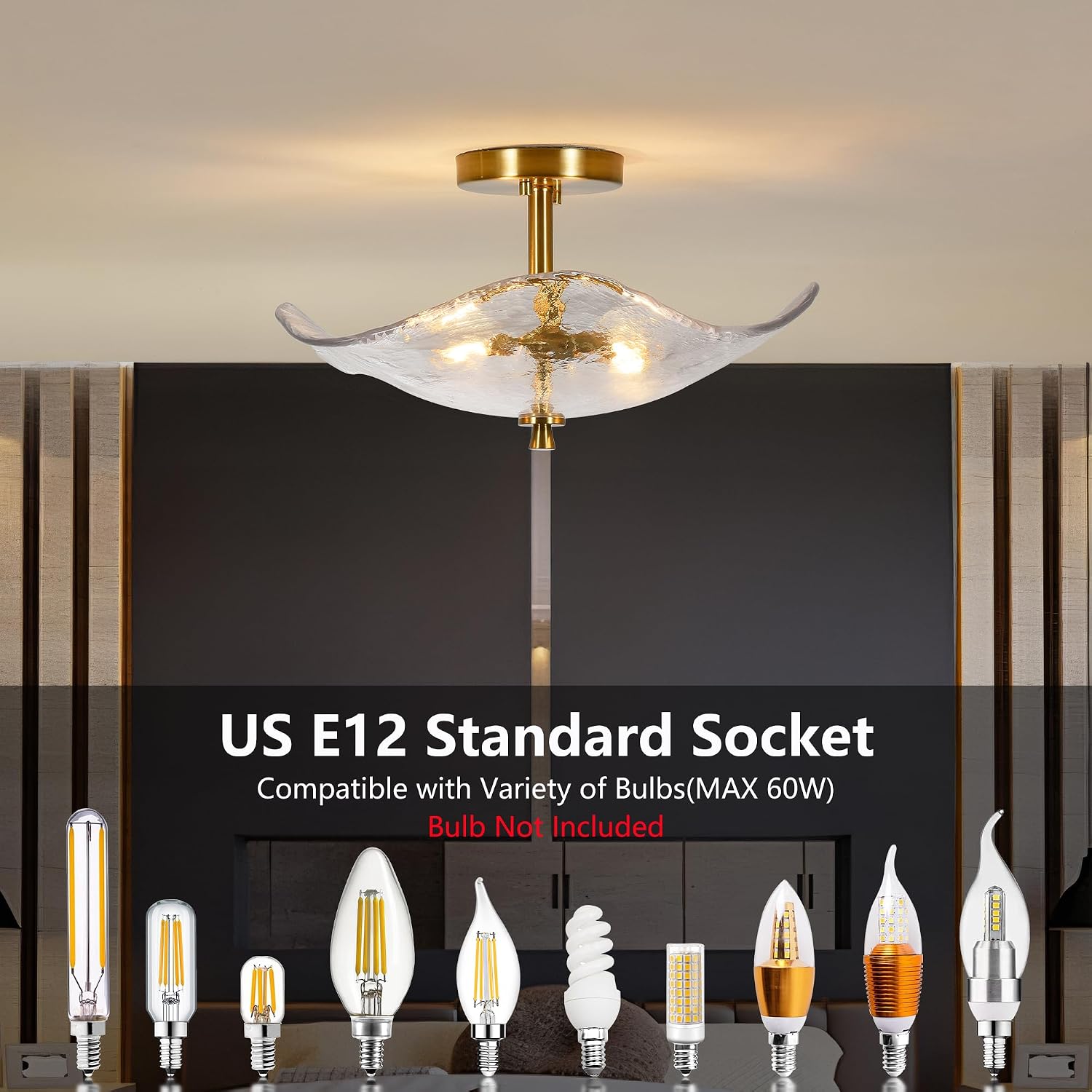 Semi Flush Mount Ceiling Light, 17" Modern Gold Glass Shade, 2-Light Close to Ceiling Fixture for Bedroom, Hallway, Kitchen, Dining Room