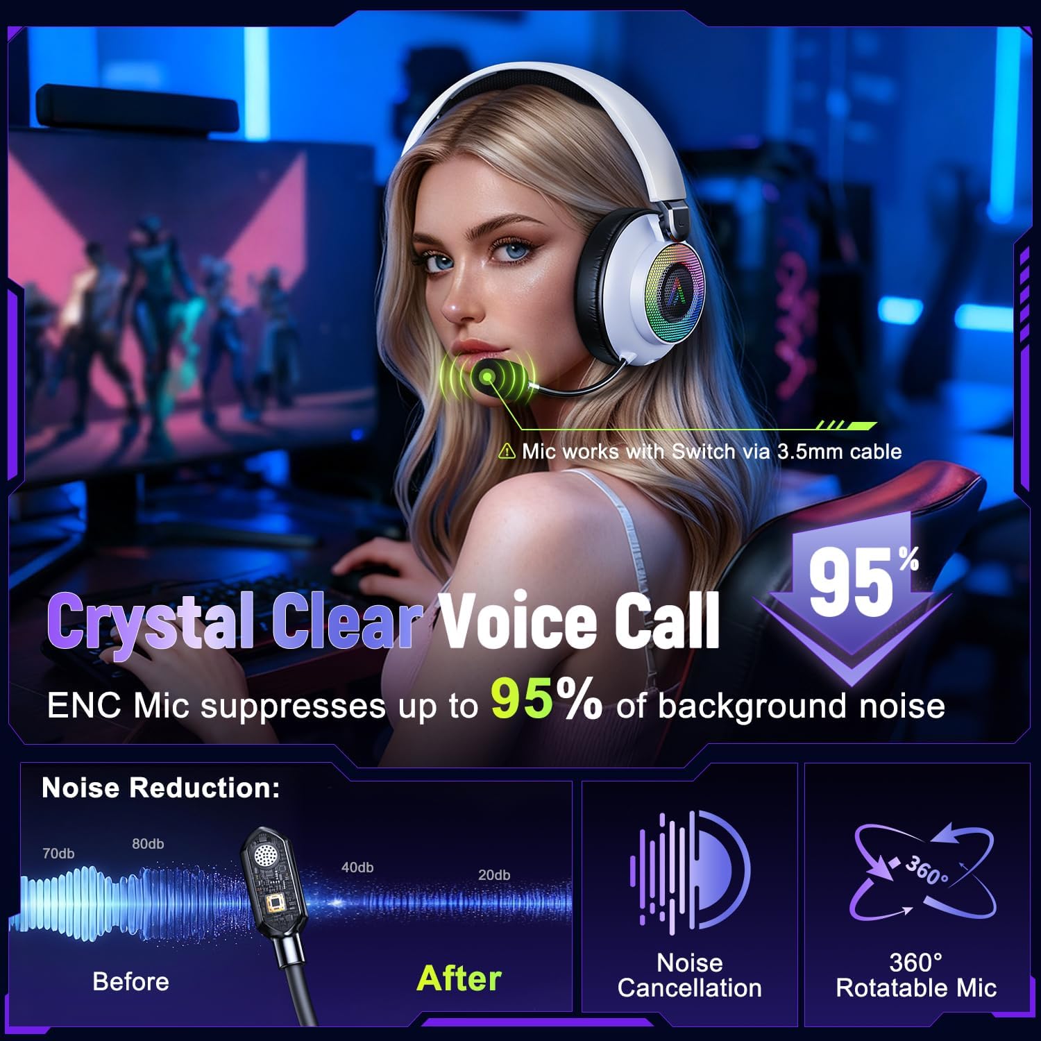 Wireless Gaming Headset for Ps5 Ps4 - 2.4GHz, Bluetooth, Wired, 7.1 Surround Sound, Noise Cancelling Mic, RGB Lights, 40H+ Battery, Lossless Audio, Comfy Over Ear Headphones for PC, Switch, Xbox, Mac - Image 4