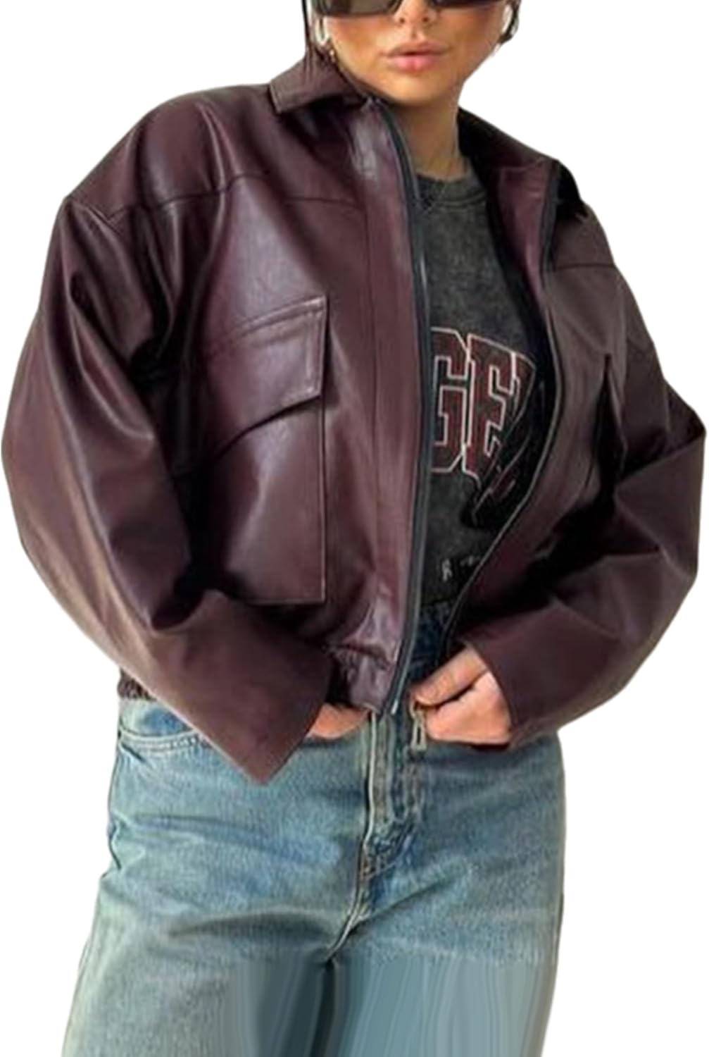 VOIKERDR Leather Bomber Jacket Women Trench Casual Fuax Leather Jacket Lapel Zipper Coat Fall