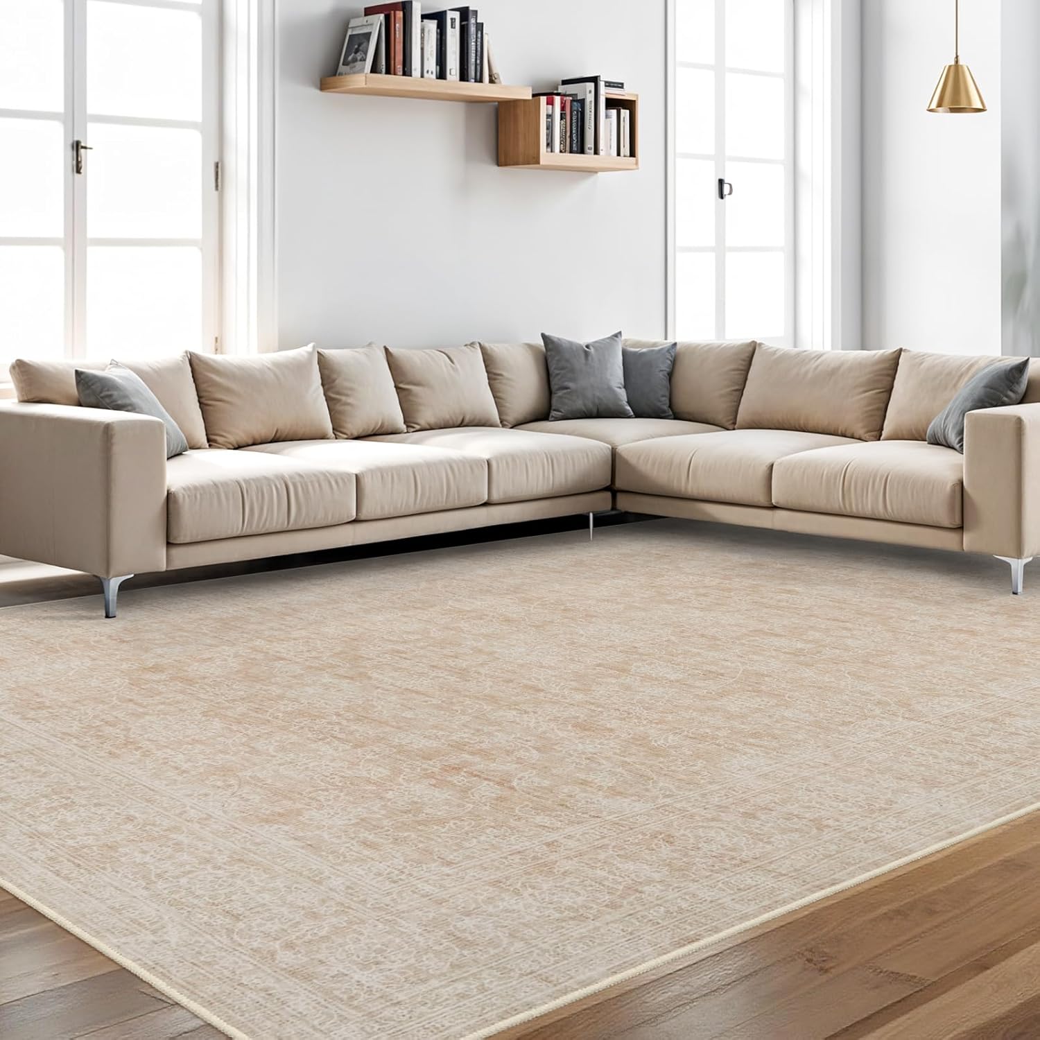 Washable Oriental Area Rug - 10x14 Rugs for Living Room Soft Carpet for Bedroom Waterproof Floral Distressed Indoor Stain Resistant Non-Shedding Floor Carpets (Beige/Cream, 10X14)