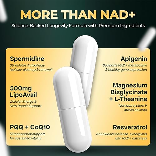 Miniatura 5 de UPLIFE Suplemento liposomal NAD+ de 500 mg con espermidina, apigenina, PQQ y resveratrol  NAD+ avanzado es potenciador de energía celular,