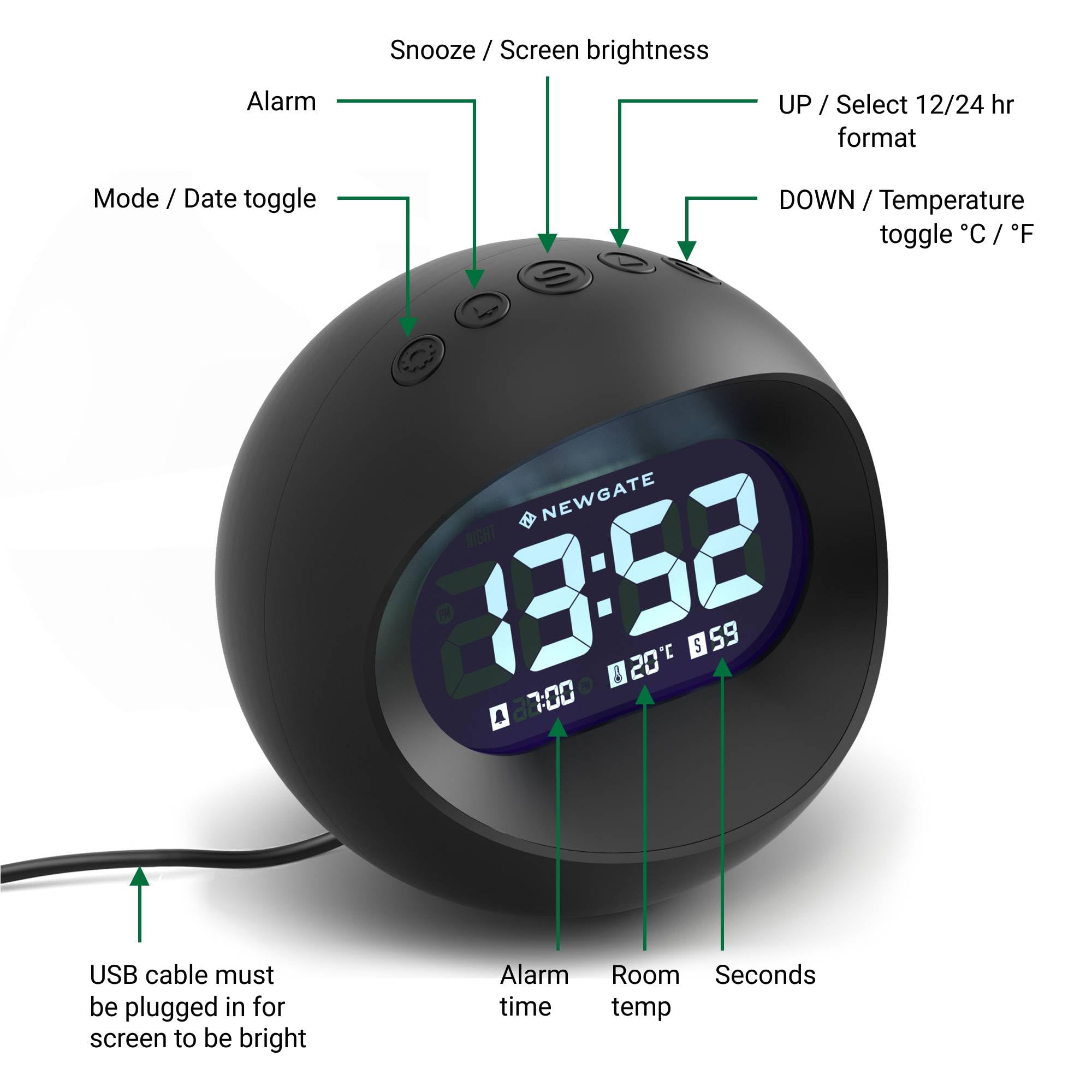 NEWGATE® Centre of the Earth Wecker | Runde Retro Digitale LCD-Uhr | Schwarz | Ideal für nachttisch, Schreibtisch oder Regal | Retro-Schlafzimmer- und bürozubehör