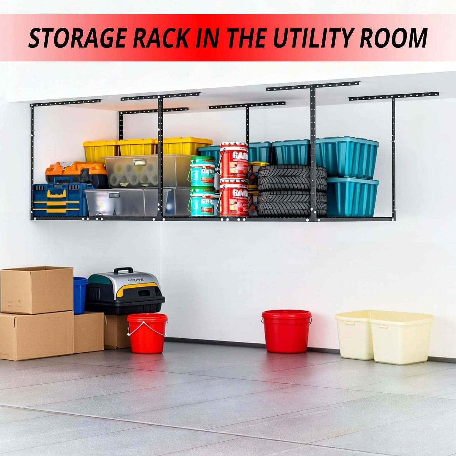 YOHKOH 3x8 Ft Overhead garage storage rack, 22-42" H Adjustable Garage Ceiling Storage Racks, 600lbs Heavy-Duty Carbon-Steel Overhead Ceiling Mounted Shelf for Garage Organization, Black