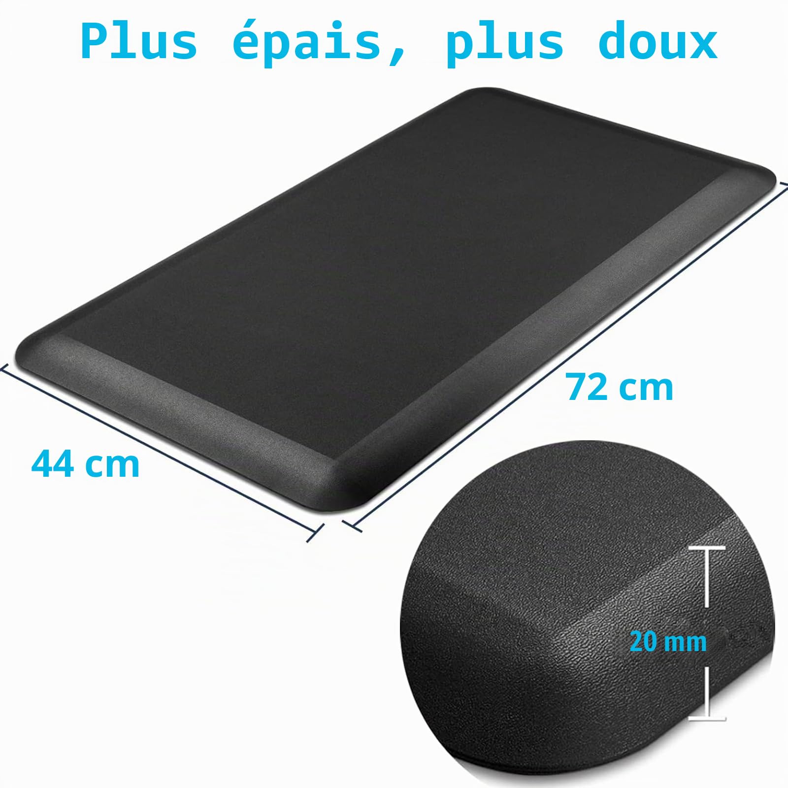Tapis anti-fatigue WODSTA de 20 mm d'épaisseur, antidérapant, facile à nettoyer, aide à soulager la fatigue des jambes et les douleurs dorsales pour cuisine, bureau, buanderie, etc. (440 mm x 720 mm x