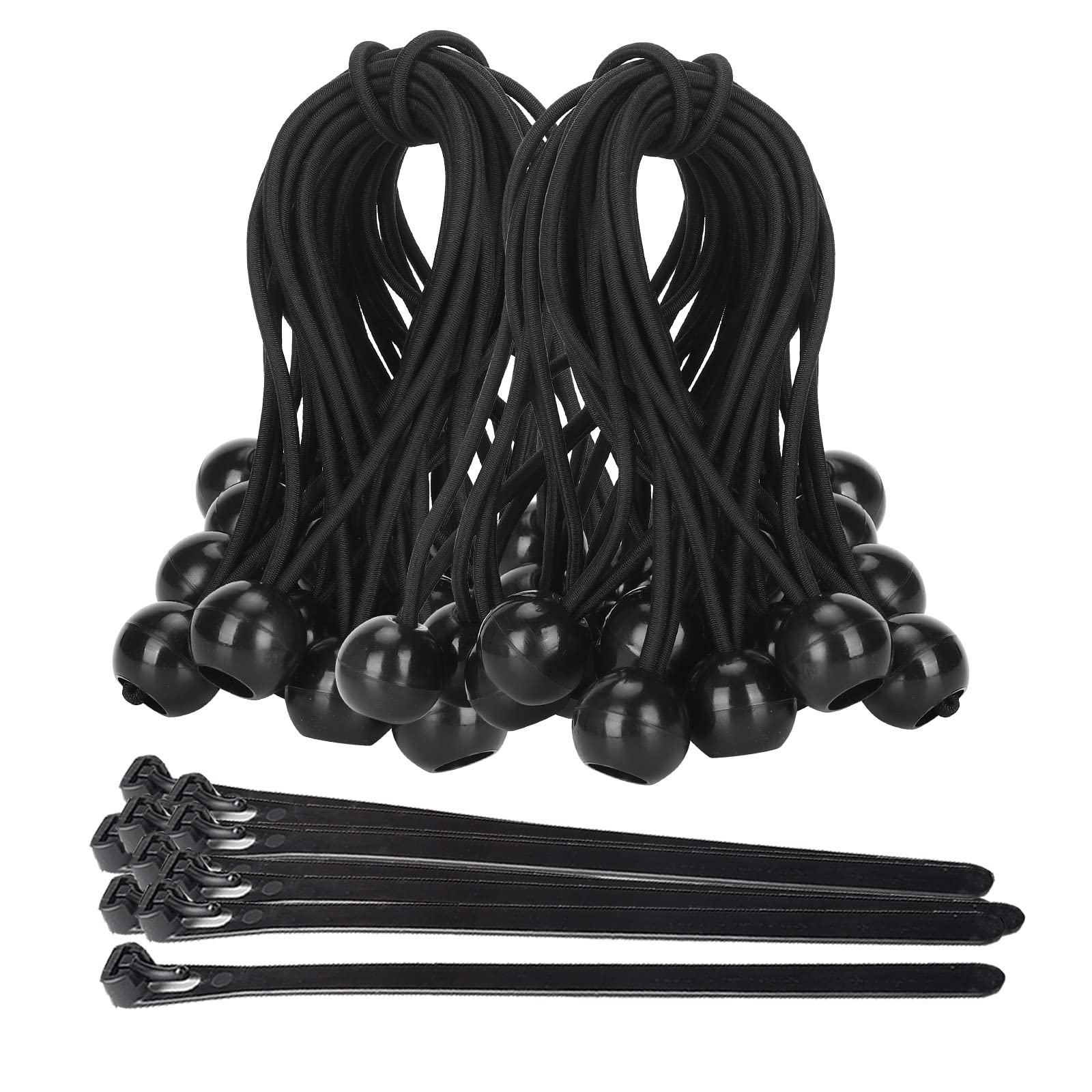 Ball Bungee Cords 6inch Outdoor 50 Pack, UV-Resistant Tarps Tie-Down, Strong Stretch Heavy Duty Bungees & 10 Pcs Releasable Zip Ties