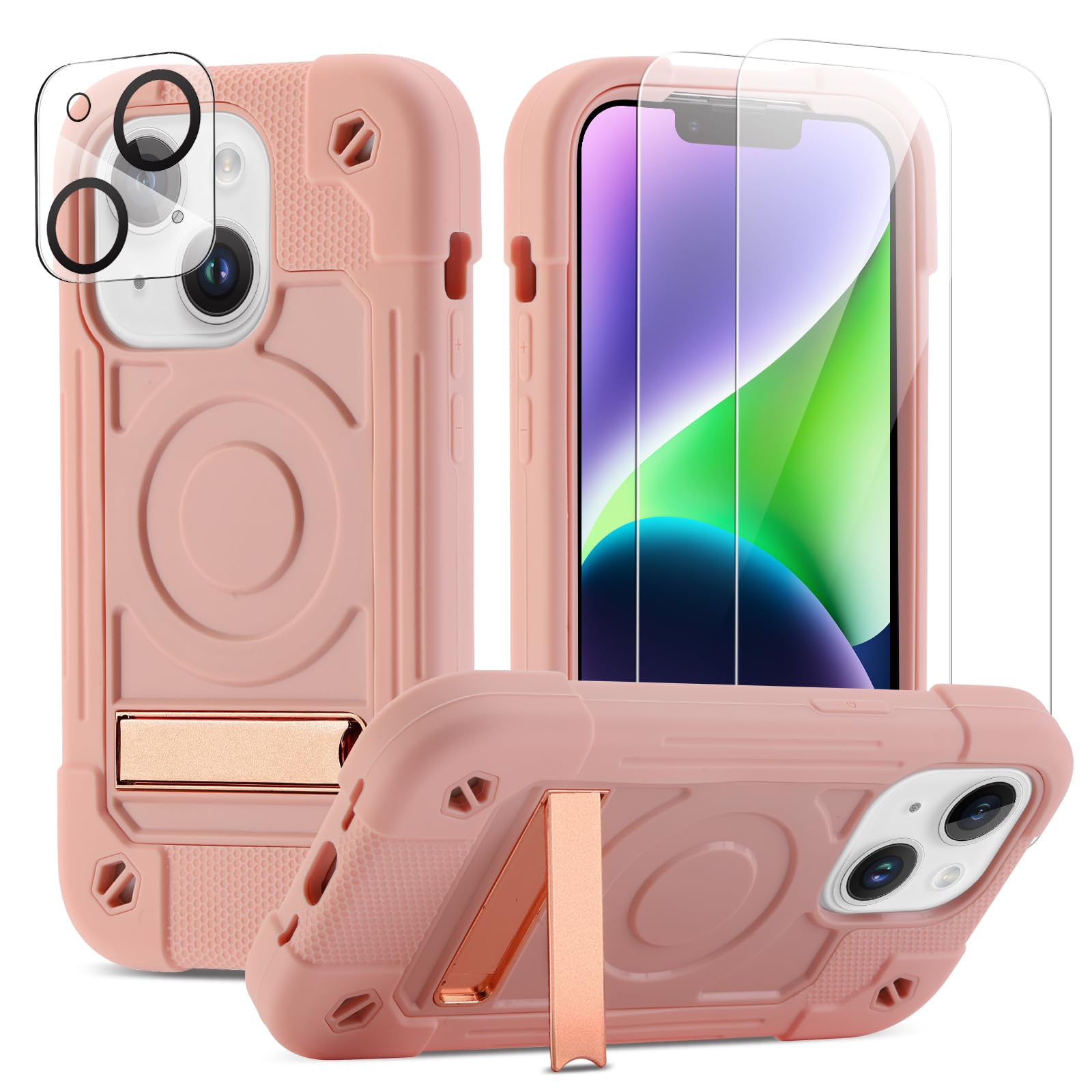 MARKILLMagnetic Case for iPhone 15 Plus Case/iPhone 14 Plus Case 6.7 Inch Compatible with MagSafe,with 2 Pack Glass Screen Protector + 1 Pack Camera Lens Protector Military Grade Cover (Pink)