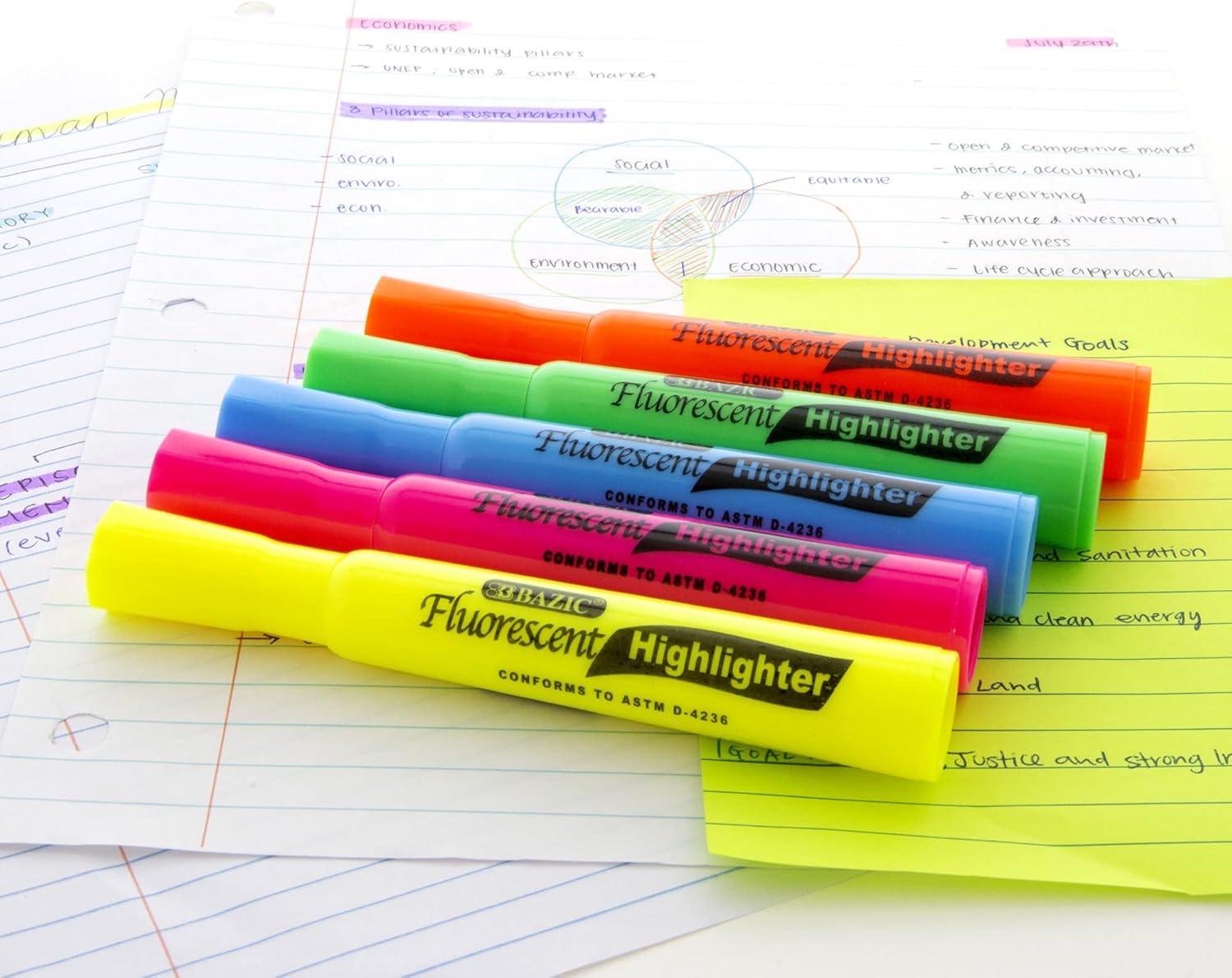 BAZIC PRODUCTS Assorted Fluorescent Ink Highlighter – Chisel Tip Broad Fine Line, Desk Style Highlighter Pen for Office and School, Unscented, Smooth Marking, 12/Pack, 72-Packs