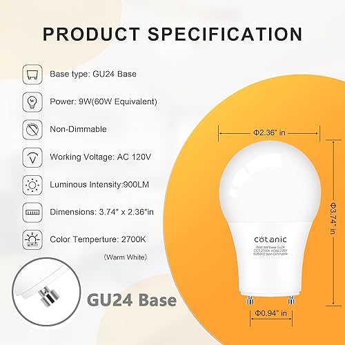 Miniatura 2 de Bombilla LED GU24 hansang, bombilla de forma A19, 9W (equivalente a 100W), 900 lúmenes, 2700K blanco cálido, base de bloqueo de torsión Gu24,