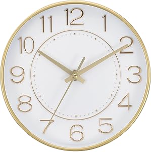 PATIKIL 8 Inch Wall Clocks, Quartz Battery Operated Silent Non-Ticking 3D Numbers Round Wall Clocks Decorative for Office Bedroom Living Room, Gold Tone/White, Style 1