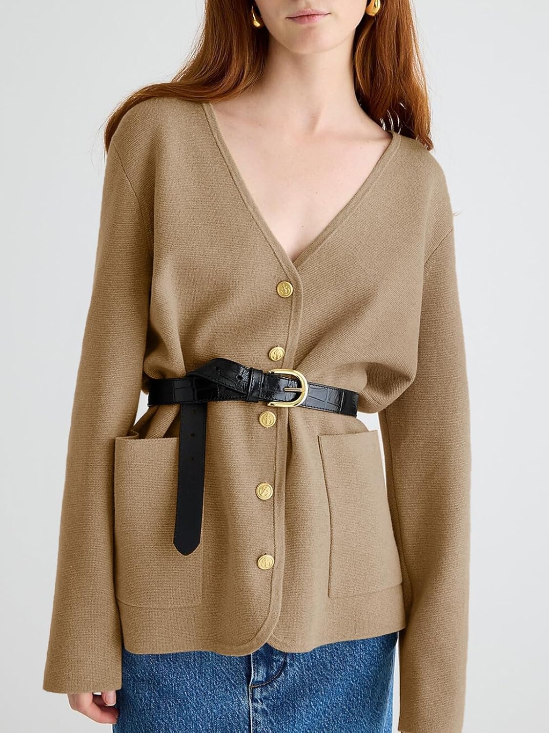 Saodimallsu Womens V Neck Cardigan Button Loose Knit Sweater Blazer Open Front Elegant Cardigans with Pockets - Image 3