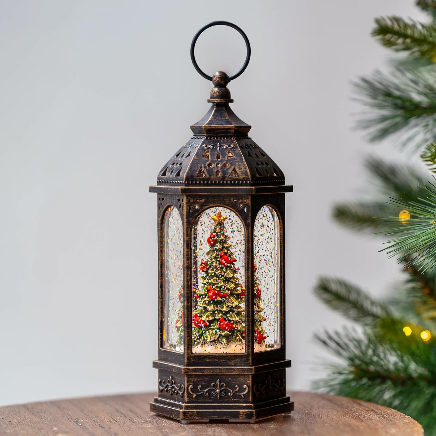 10'' Lighted Christmas Tree Cardinal Music Snow Globe Water Lantern With Swirling Glitter Decoration For Christmas Home, Living Room, Battery Operated Or USB Powered