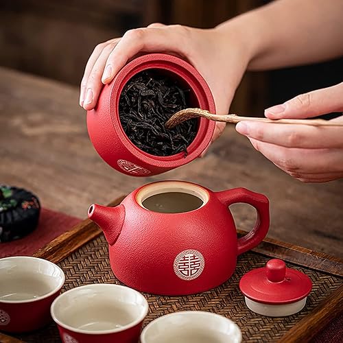 Miniatura 5 de Juego de té chino de kung fu, juego de taza de té de boda roja de porcelana de doble felicidad, suministros de decoración de boda tradicionales