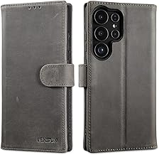 LENSUN Leather Case for Samsung Galaxy S25 Ultra, Mobile Phone Case [Genuine Leather] [RFID Protection] Genuine Leather Flip Case Mobile Phone Case for Galaxy S25 Ultra 5G - Grey Brown