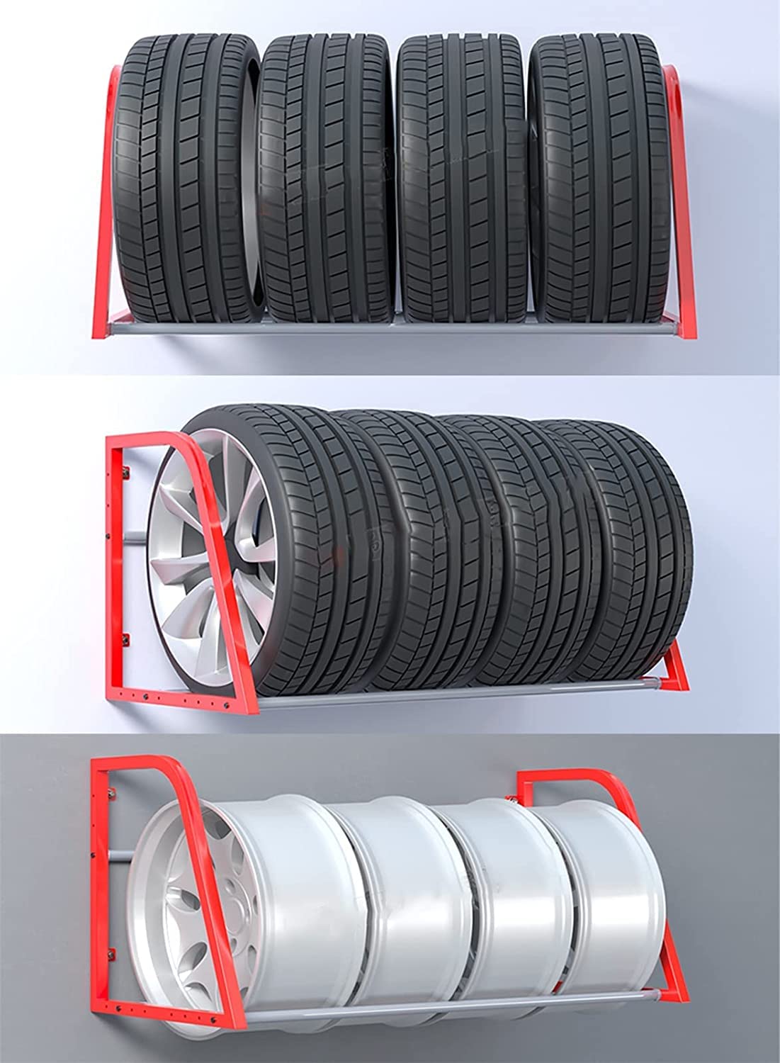Porta Pneumatici da 127 cm/50, Montaggio a Parete, per Garage, Auto, casa, Rosso, Organizer per Pneumatici in Metallo