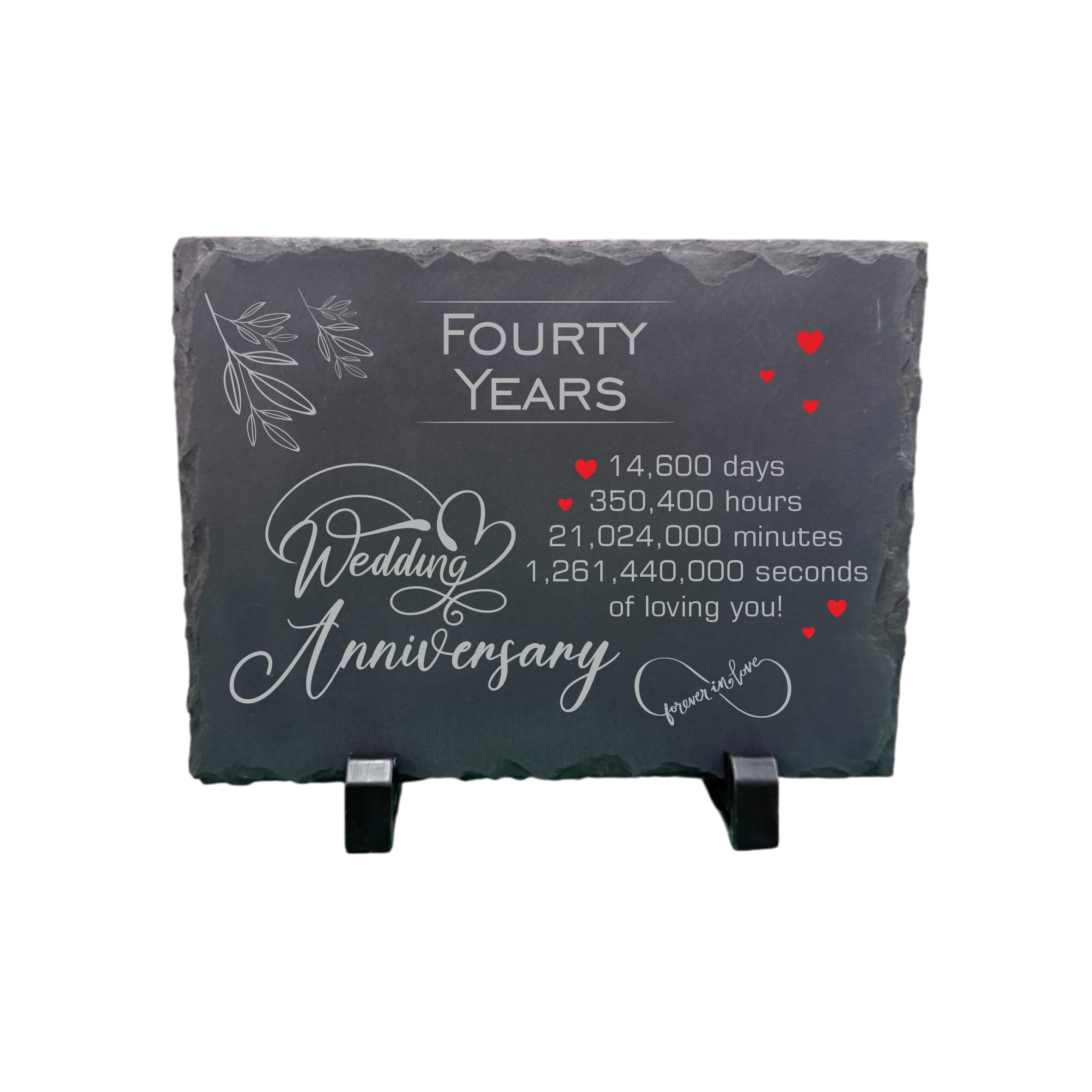 Precision Designs Black 40Th Wedding Anniversary Slate – Handcrafted Natural Stone Plaque With Stand – Romantic Fourty Year Keepsake – 14,600 Days Of Love – Forever In Love Design - 20Cm X 15Cm