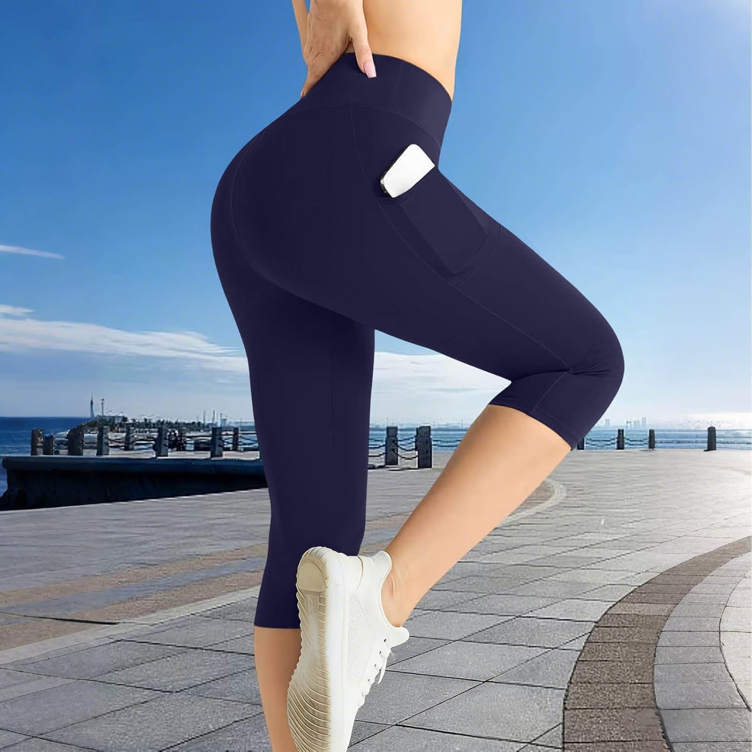 Women's Yoga Capris Pants High Elastic Waisted Tummy Control Capri Leggings with Pockets Workout Cropped Trousers