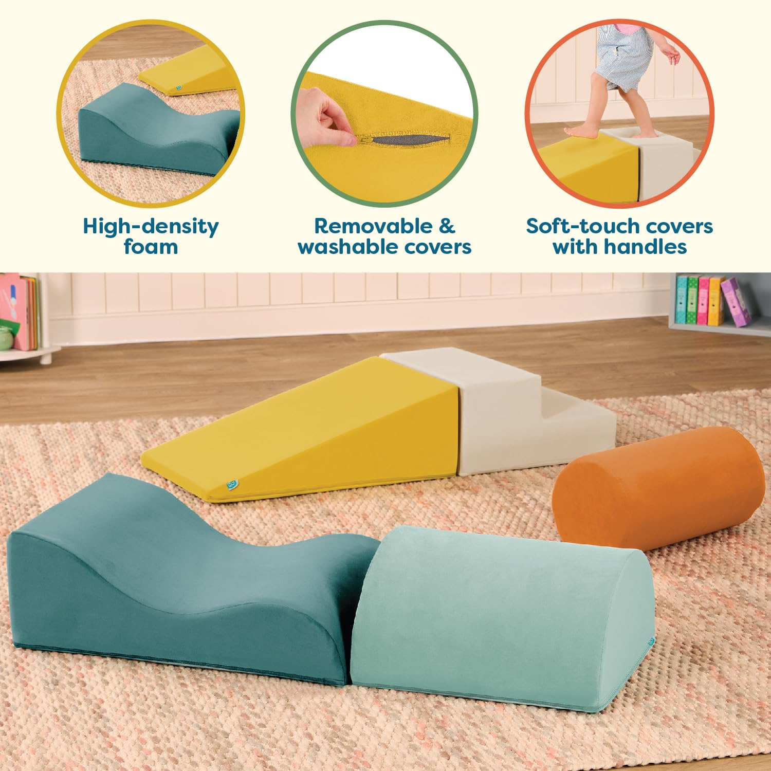 B. toys WonderShapes, Forme sensoriali in Schiuma da Arrampicata | Set da 5 con cilindro, rampa, scala, rampa ondulata e semicilindro; fodere rimovibili lavabili in lavatrice; 12+ mesi