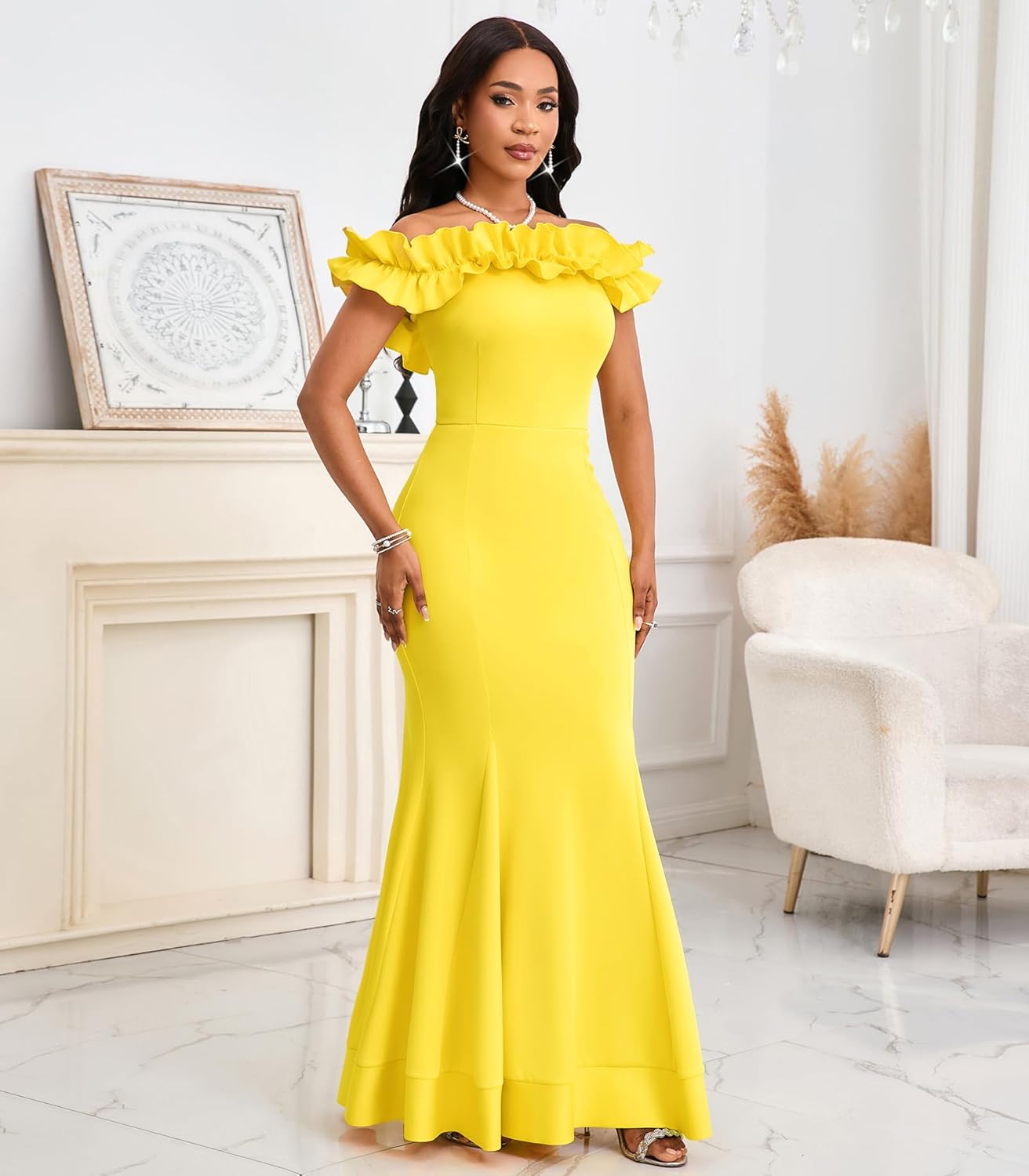 Cololura Sexy Floor-Length Off Shoulder Ruffles Stringy Selvedge Mermaid Bodycon Party Evening Maxi Dress - Image 3