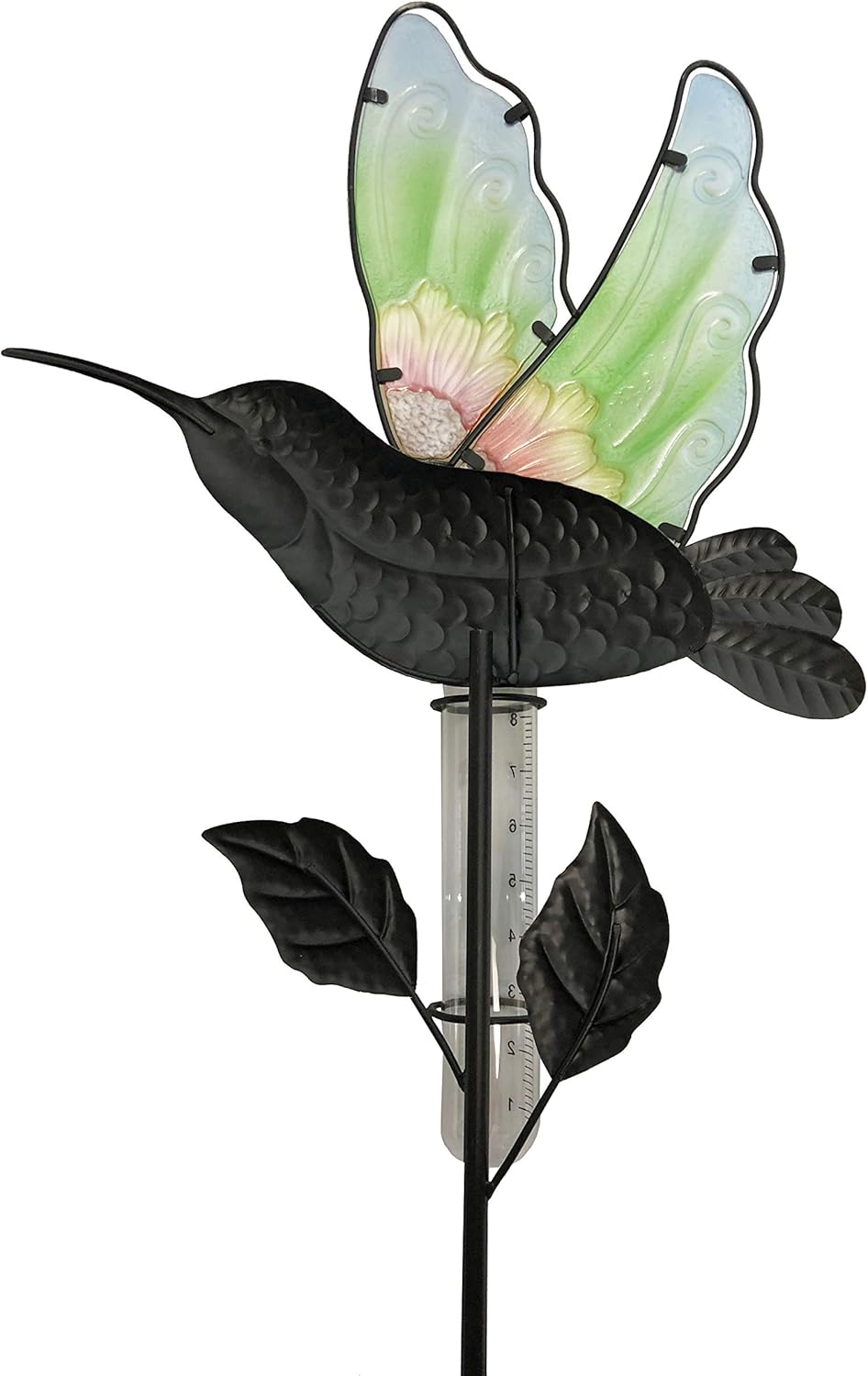 Glass and Metal Hummingbird Decorative Rain Gauge Outdoor Garden Stake, Patio and Lawn Yard Art, Multicolor, Continental Art Center CAC3605061