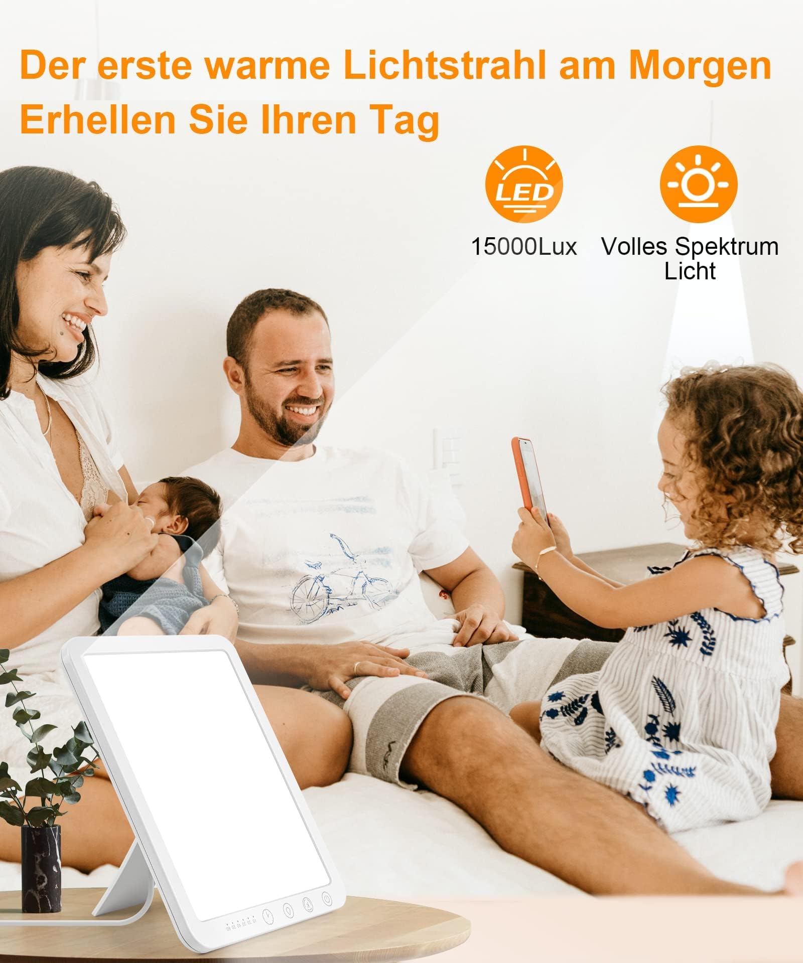 Tageslichtlampe 15000 Lux, UV-freie LED Lichttherapielampe, Touch-Control Vollspektrumlampe für Zuhause