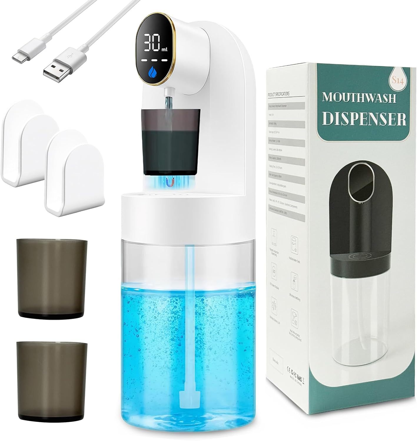 Automatic Mouthwash Dispenser for Bathroom, 21.12oz(600 ml)Touchless Smart Mouth Wash Dispensers Bathroom Accessories Set with 2 Magnetic Cups, 4 Modes Wall Mounted Mouth Wash Dispenser for Home & Kid