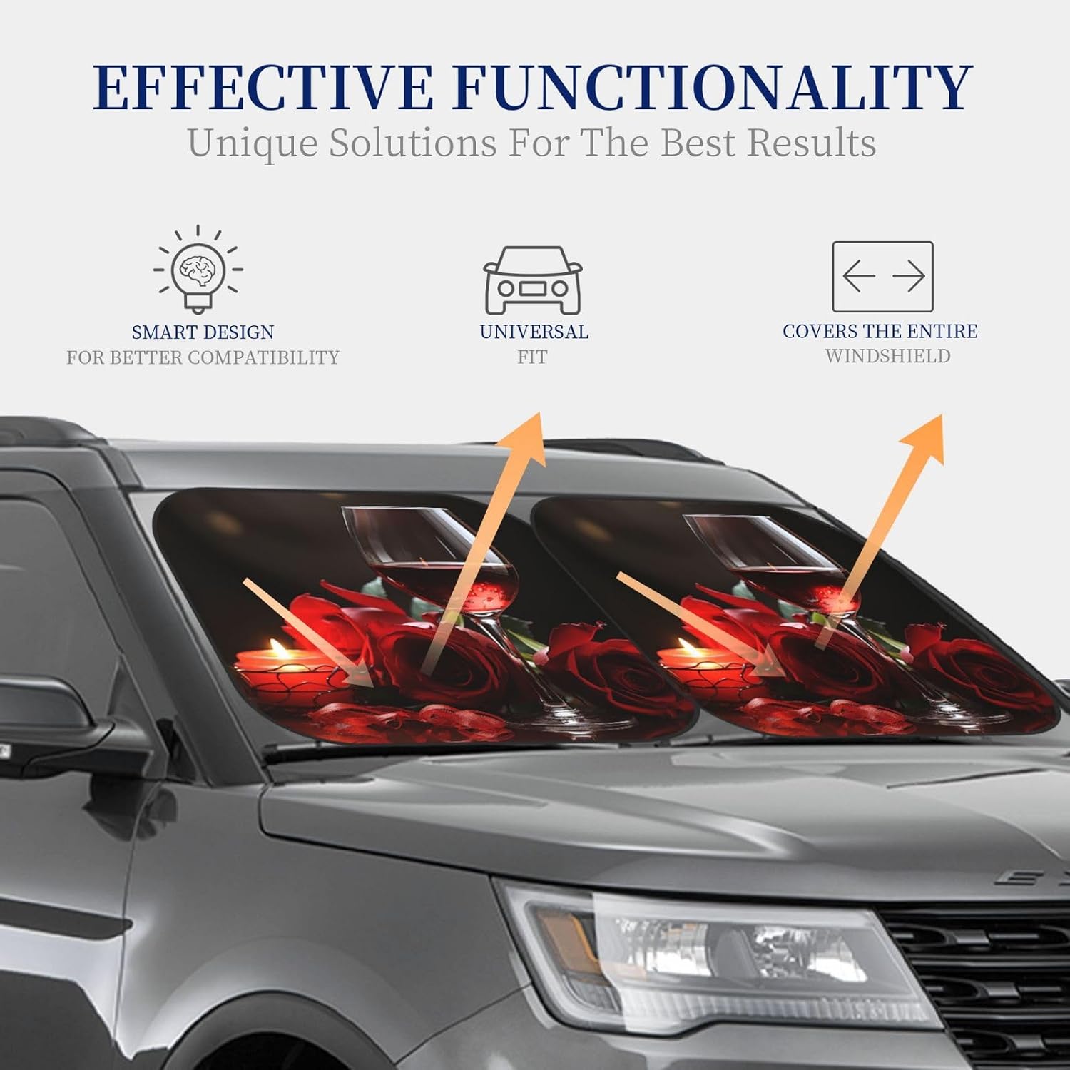 2 Piece Car Windshield Sun Shade Red Rose Wine Glass and Candle Foldable Auto Front Window Sun Shield Heat and UV Rays Sunshade for Car Front Window Keep Cool and Protect Interior Accessories image 3