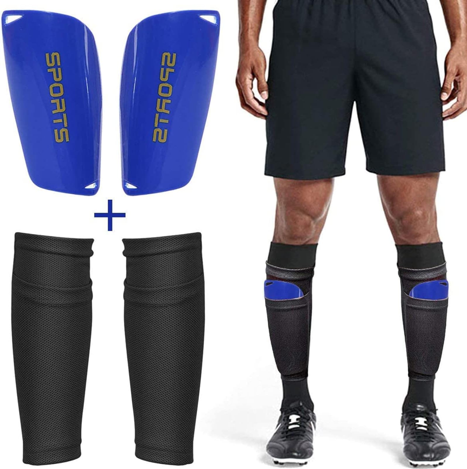 THE WHITE SHOPFootball Shin Guard Socks + Shin Pads Sleeves Double Layer Mesh Breathable for Football Games Beginner Running Jogging Fitness - Children Boys Girls Men (S, black + Blue)