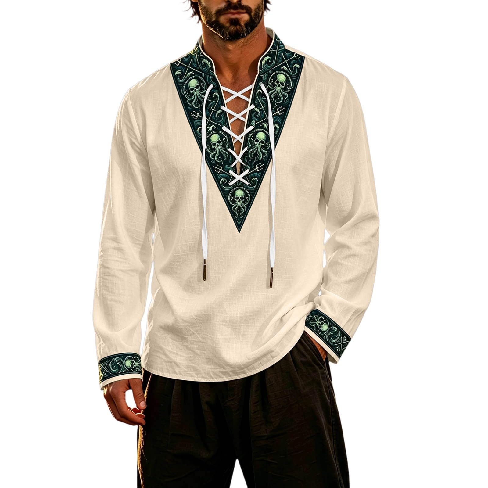 Classic Themed Men's Long Sleeve Shirt for Adventure Nautical Style Top with for Everyday Wear and Cosplay (d-Beige, L) — image 1