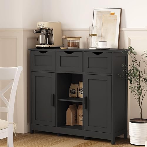 Miniatura 11 de Armario de madera para piso, organizador de almacenamiento con 3 cajones y 2 puertas, armario independiente para cocina, sala de estar, baño, color