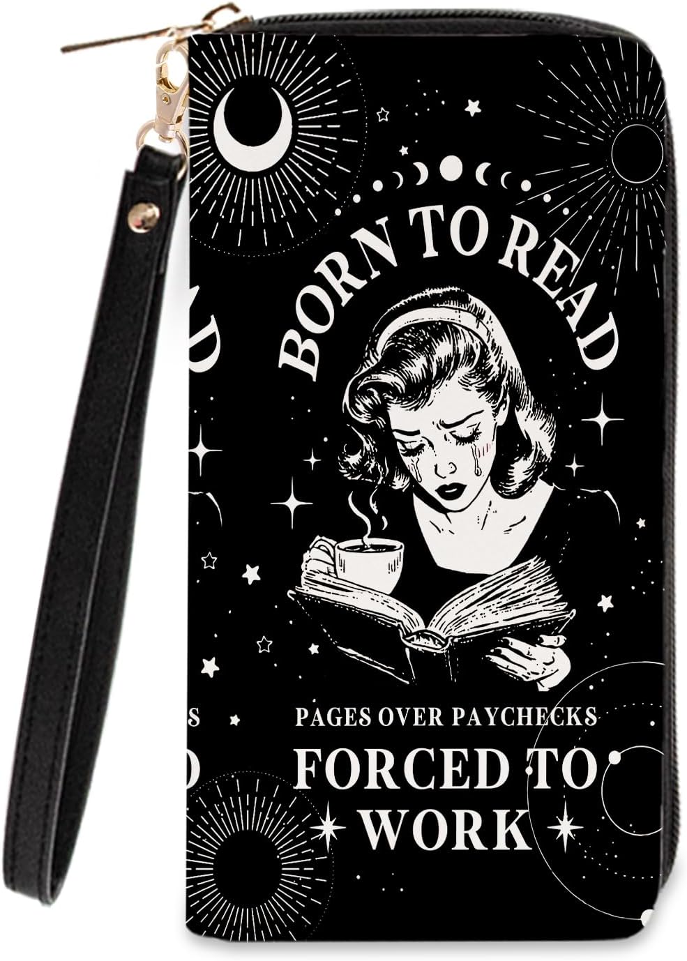 Book Lovers Gift for Womens Wallet - Slim PU Leather "BORN TO READ" Gothic Reader Wallet for Women with Zipper, Credit Card Holder Wallets, Wristlet Wallets for Female Girls Birthday(Reading Gift)