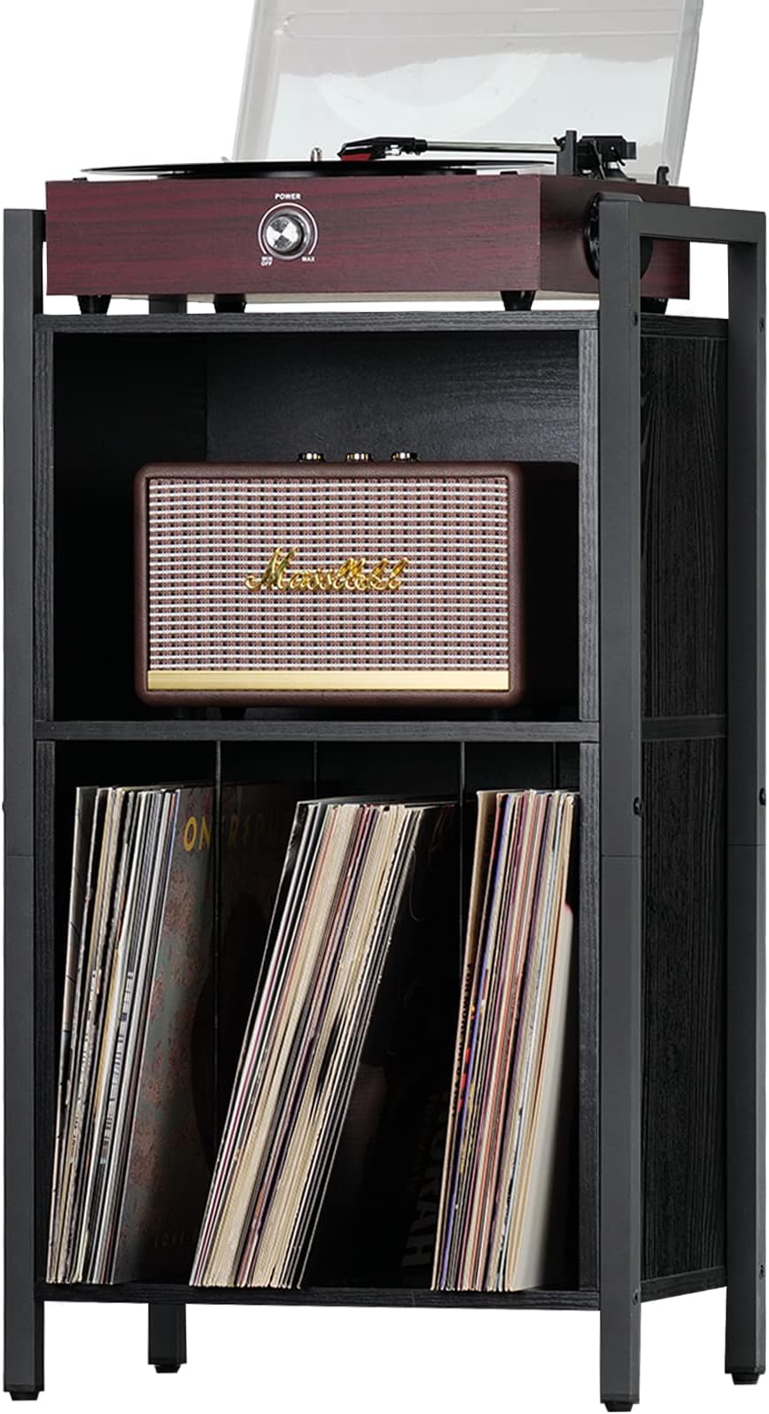 YAHARBO Record Player Stand, 3-Shelf Black Vinyl Record Holder with Storage, Record Stand, Vintage Turntable Stand Holds Up to 100 Albums, Record Table with Handle for Living Room, Bedroom, Office