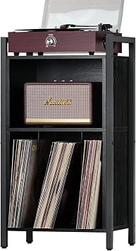 YAHARBO Record Player Stand, 3-Shelf Black Vinyl Record Holder with Storage, Record Stand, Vintage Turntable Stand Holds Up to 100 Albums, Record Table with Handle for Living Room, Bedroom, Office