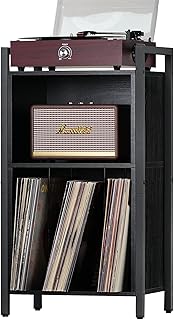 YAHARBO Record Player Stand, 3-Shelf Black Vinyl Record Holder with Storage, Record Stand, Vintage Turntable Stand Holds Up to 100 Albums, Record Table with Handle for Living Room, Bedroom, Office
