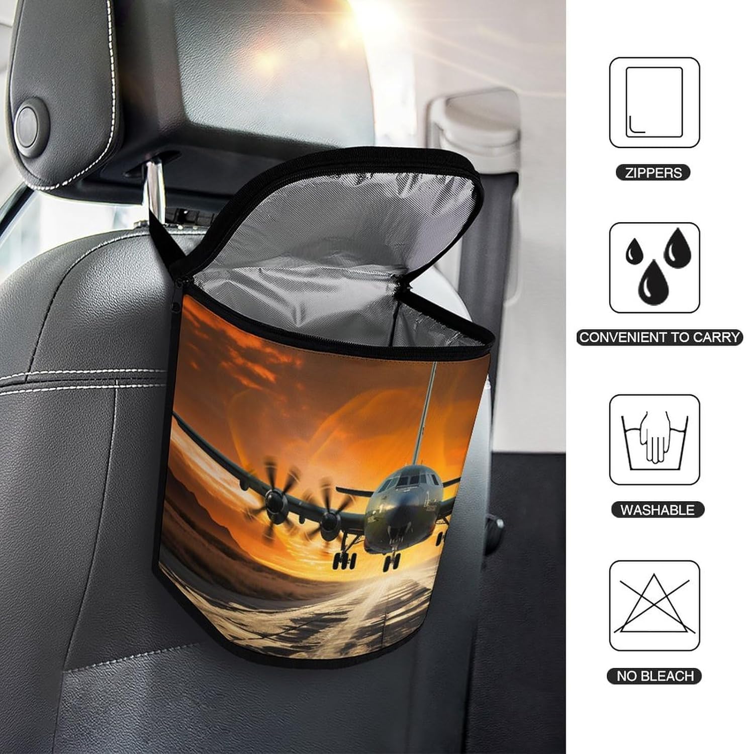 Car Garbage Storage Bag Military Plane Landing On Runways Printed Hanging Vehicle Trash Bin Car Trash Can with Zipper Lid Portable Garbage Storage Bags for Truck Van and SUV