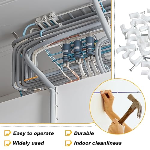 Miniatura 5 de Clips de alambre para cables  100 clips de cable blancos de 0.315 in y 0.394 in de alambre de pared para manejo de cables con clavos de acero para