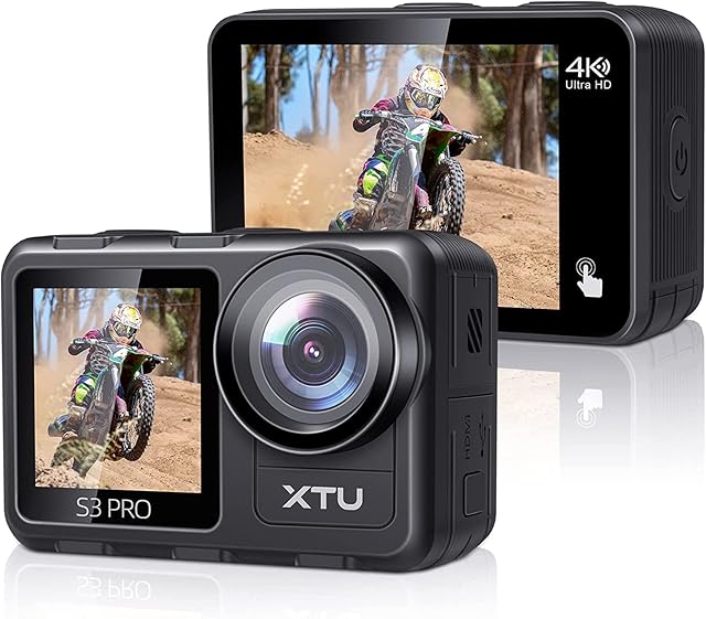 2022 UpgradeXTU S3 Pro Action Camera 4K30FPS 20MP, Waterproof Camera 30M Underwater, WiFi Vlog Camera Sports Camera, with Dual Touch Screens,Super EIS 3.0,Remote & Voice Control,Mounting Accessories