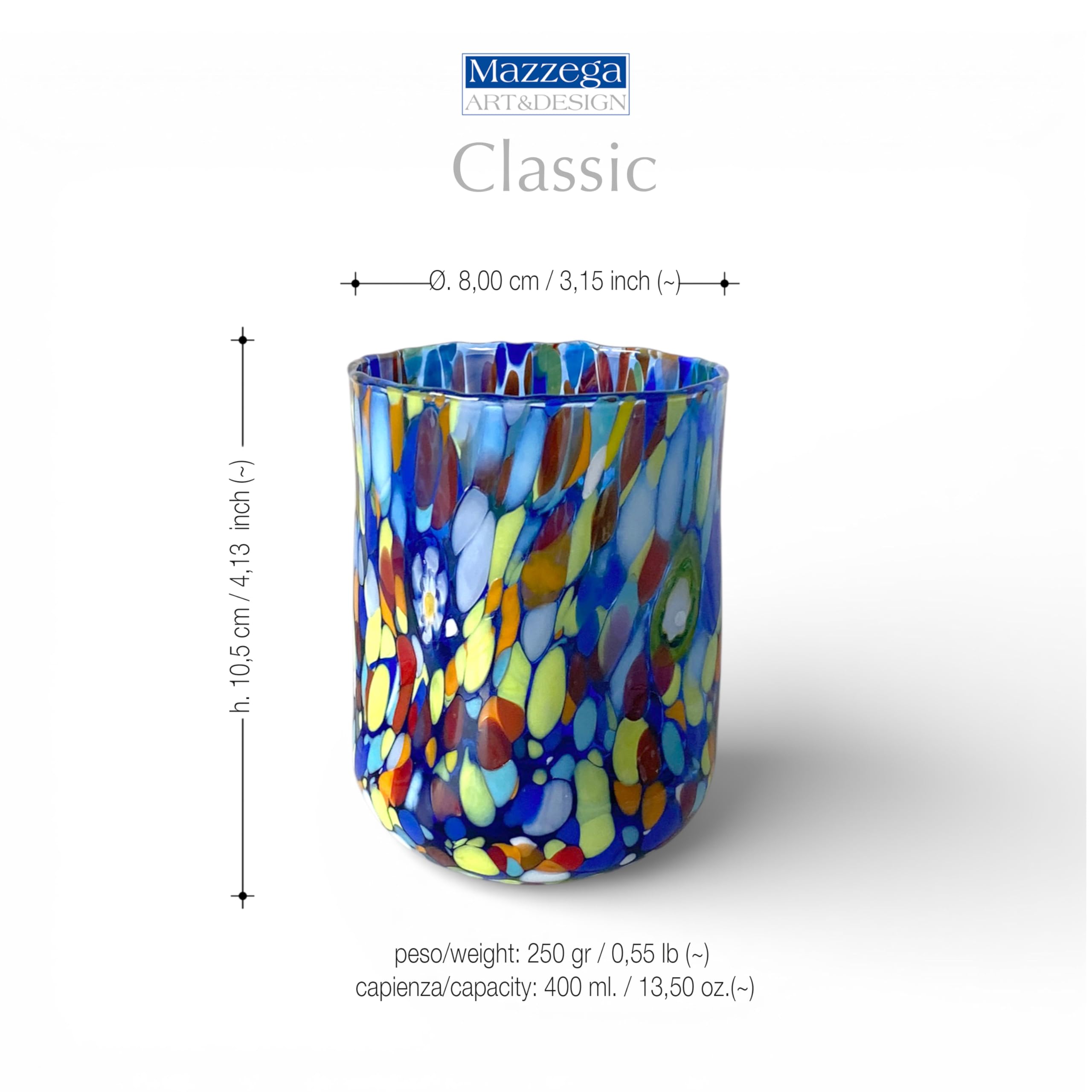 MAZZEGA ART & DESIGN - 6 Bicchieri Cilindro Accartocciato Classic, in Vetro Soffiato, Lavorato a Mano, con Murrine di Murano, linea “I Colori di Murano” 400 ml. Made in Italy (6, MIX)