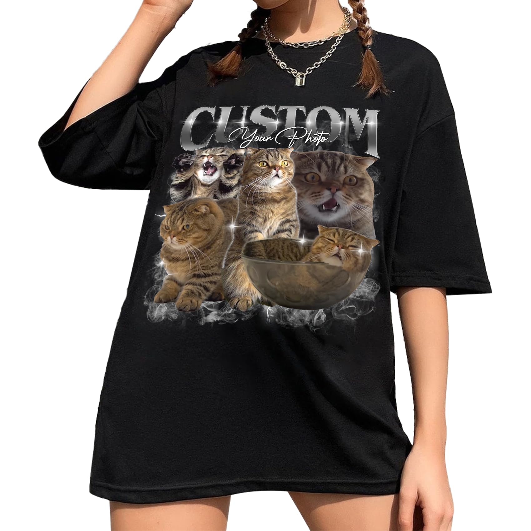 IZI POD Custom Cat Shirt for Women, Cat Bootleg Rap Tee, Personalized Pet Face Photo Shirt, Pet Lover Christmas Birthday Gift