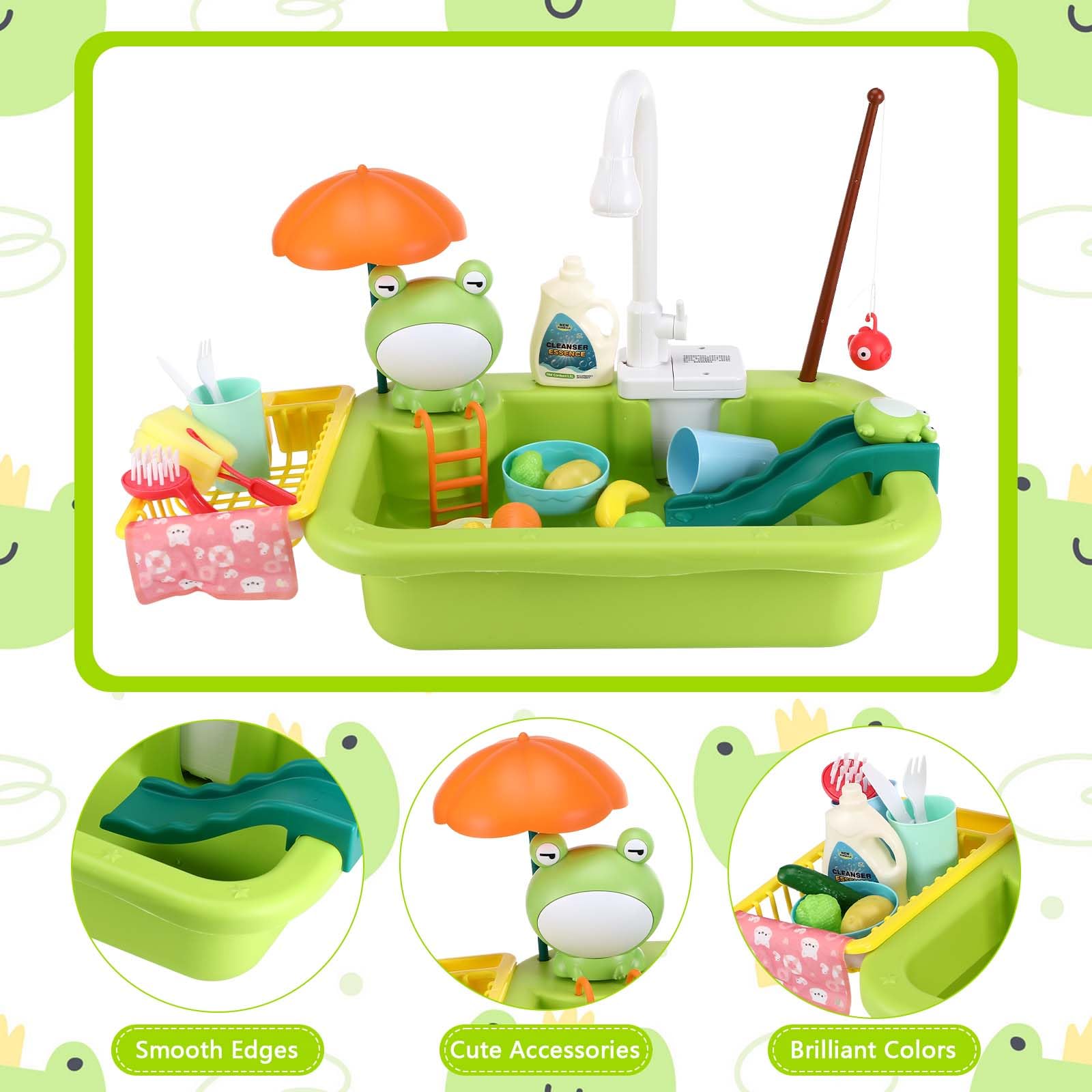 Spielspüle Spielzeug, 2 in 1 Kitchen Sink Toy Set mit Küchenspielzeugzubehör und Angelspiel, Waschbecken Kinder mit Wasserfunktion Geeignet als Geschenk für Jungen und Mädchen