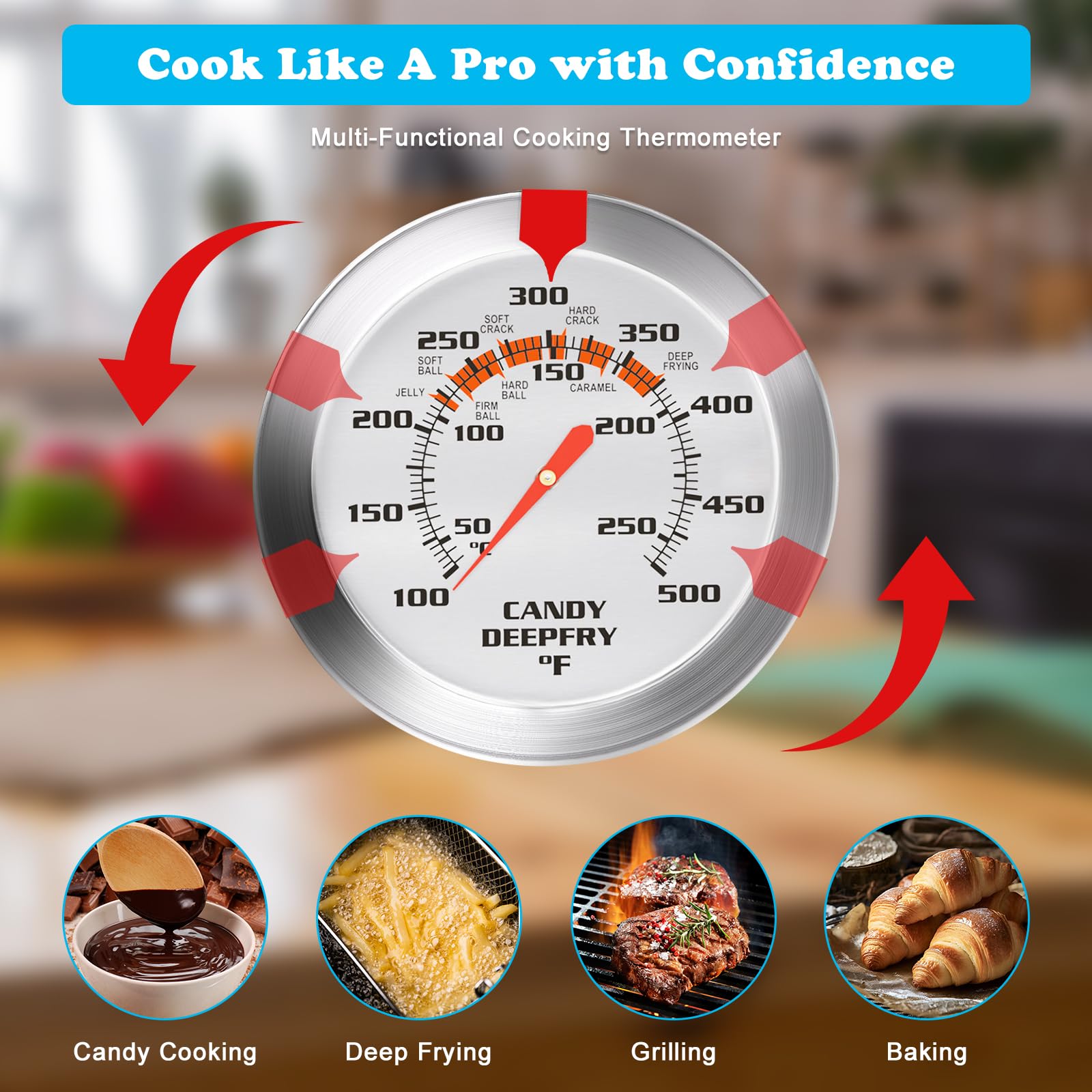 Stainless Steel Candy Thermometer with Pot Clip Deep Fry Oil Thermometer with 9" Long Probe & 2" Dial Accurate Temperature Reading for Cooking Candy Sugar Jelly Syrup Deep Frying Thermometer - Image 4