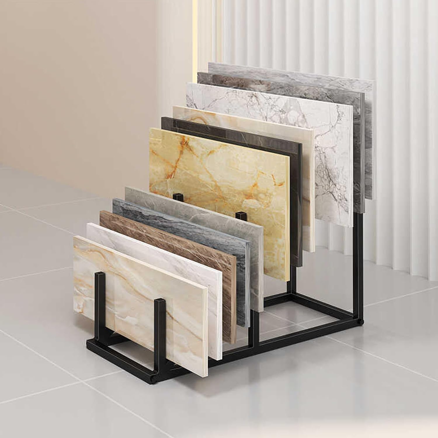 16-Tier Vertical Tile Display Rack - Floor-Standing Metal Holder for Ceramic & Stone Samples, Large Wooden Stand for Home Improvement & Retail - Black, One Size