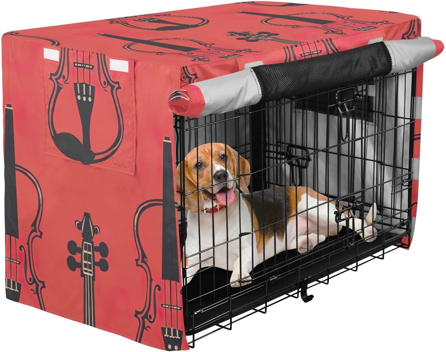 Violin Orange Dog Crate Cover Roll-up Side Panels, Pet Kennel Cover with Mesh Windows, X-Large