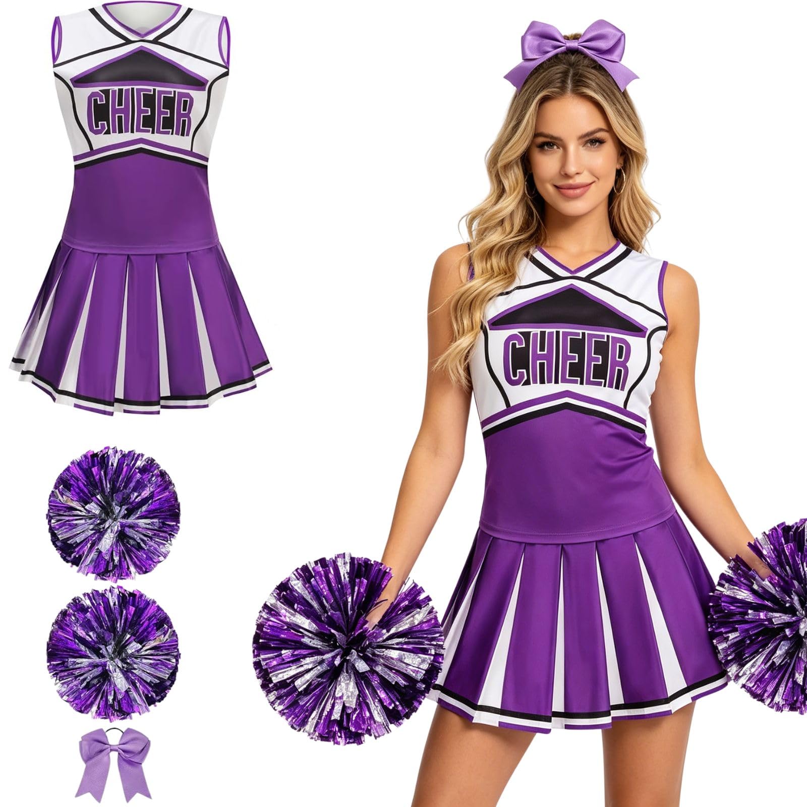 HAPNBCELE Womens Cheerleader Costume, Sleeveless Cheer Uniform with Pom Poms Cheerleading Outfit Halloween Sports Events (Purple, M)