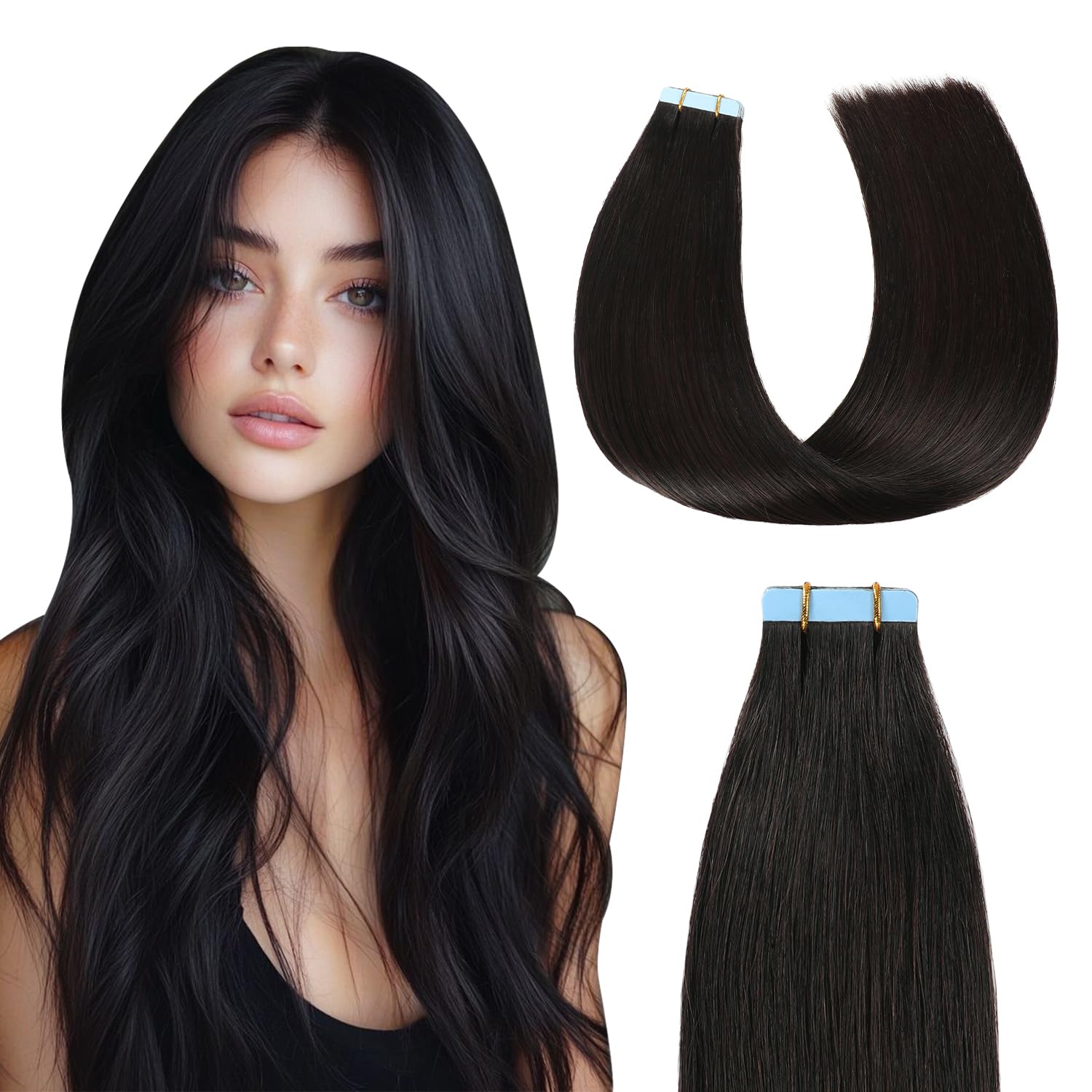 MissMe Tape in Hair Extensions Human Hair Invisible Tape Hair Extensions Remy Hair 16 inch 20pcs 40g/pack #1 Natural Black Straight for Women Seamless Silky