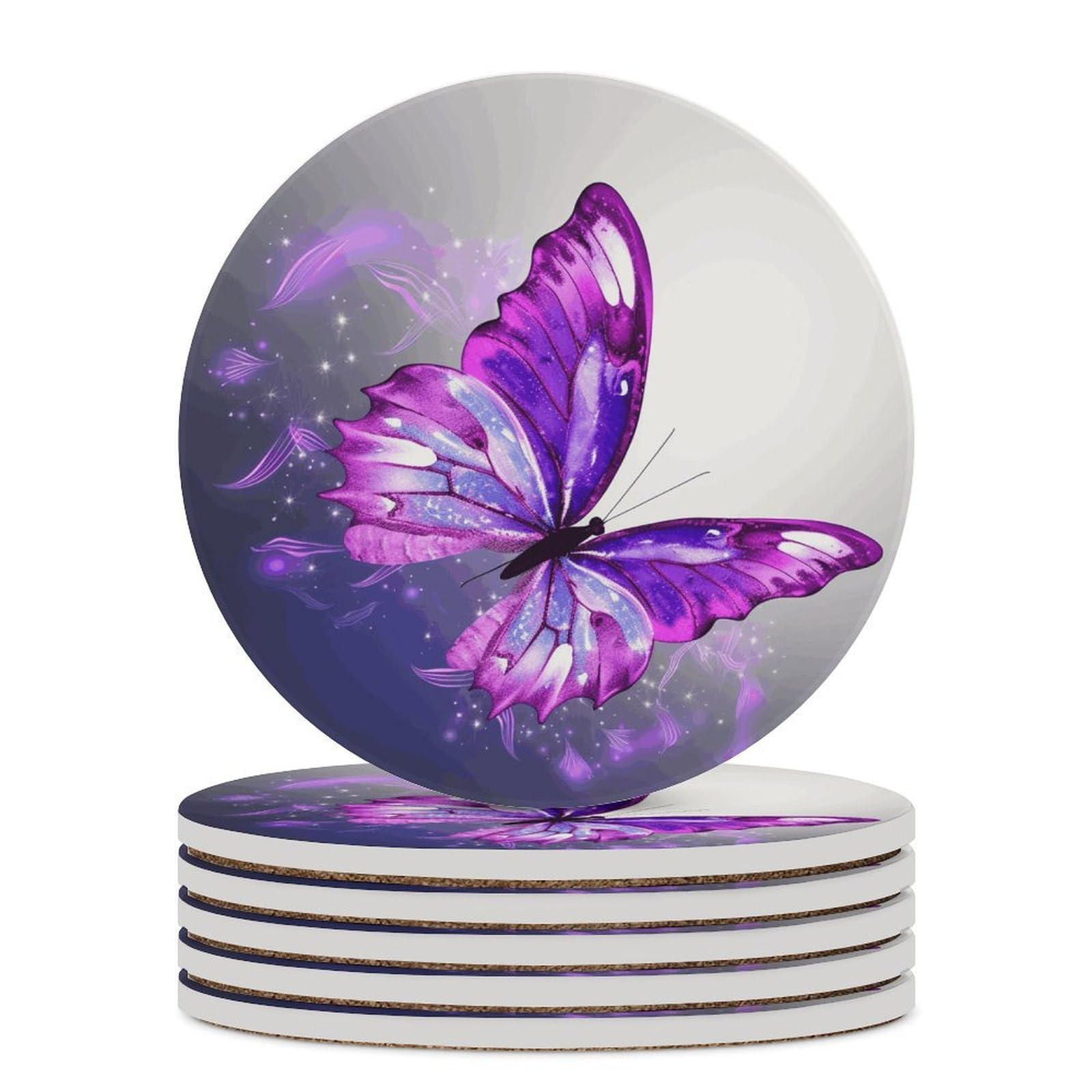 Purple Butterfly Coaster with Cork Base Drink Coasters for Coffee Table Decor Modern Cup Coasters with Non-Slip & Heat-Resistant Cute Ceramic Table Coaster for Home Dining