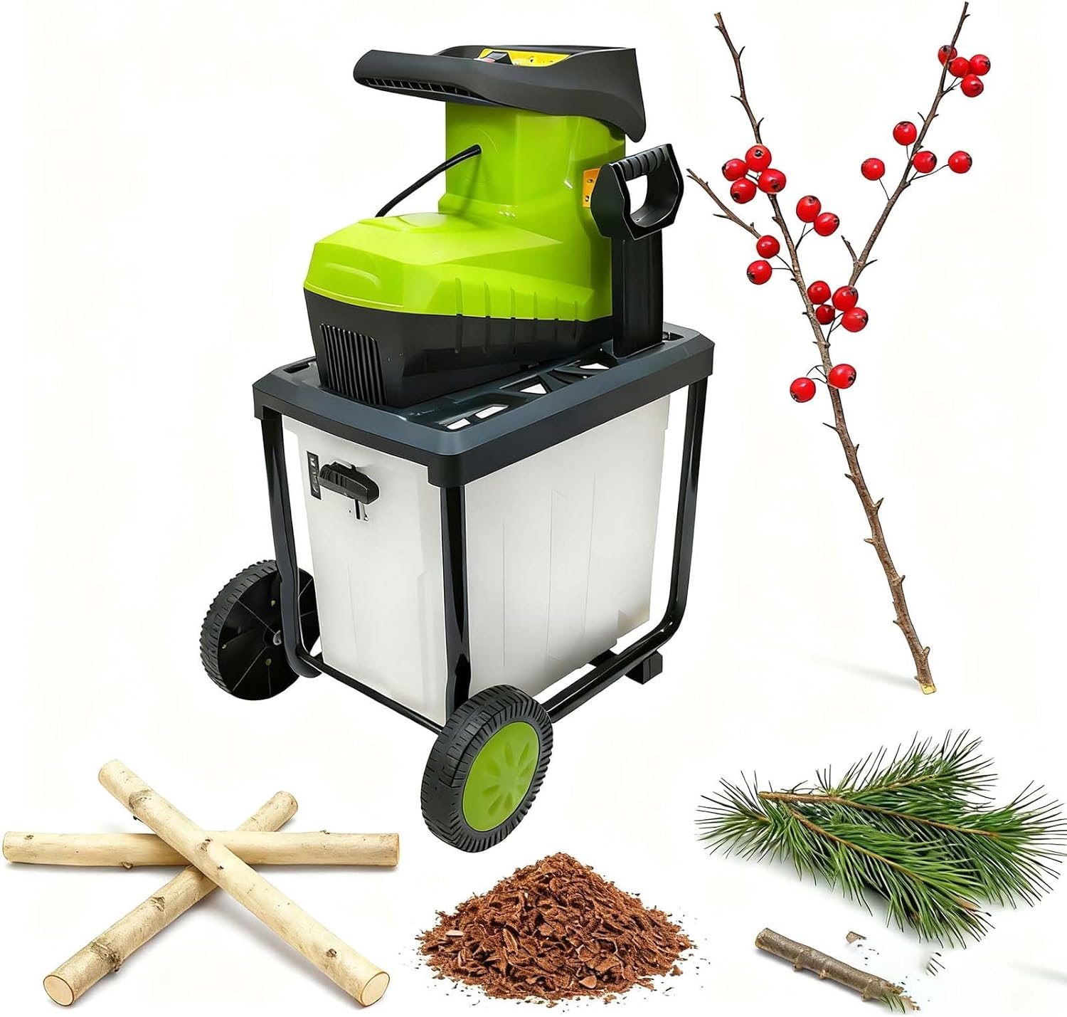 Garden Shredder Wood Chipper, Electric Leaf Shredder, 45mm Max Capacity, 60L Detachable Bag, Large Funnel, Auto Shut-Off, 50RPM Speed, Portable for Outdoor Garden Maintenance(Quiet 2800W)