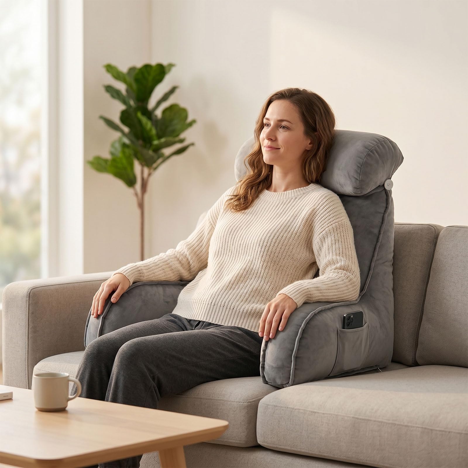 Cojín de lectura para cama y sofá ergonómico con cojín cervical, cojín de respaldo grande con espuma viscoelástica, cojín de apoyo lumbar con bolsillos, cojín de lectura para leer, relajarse