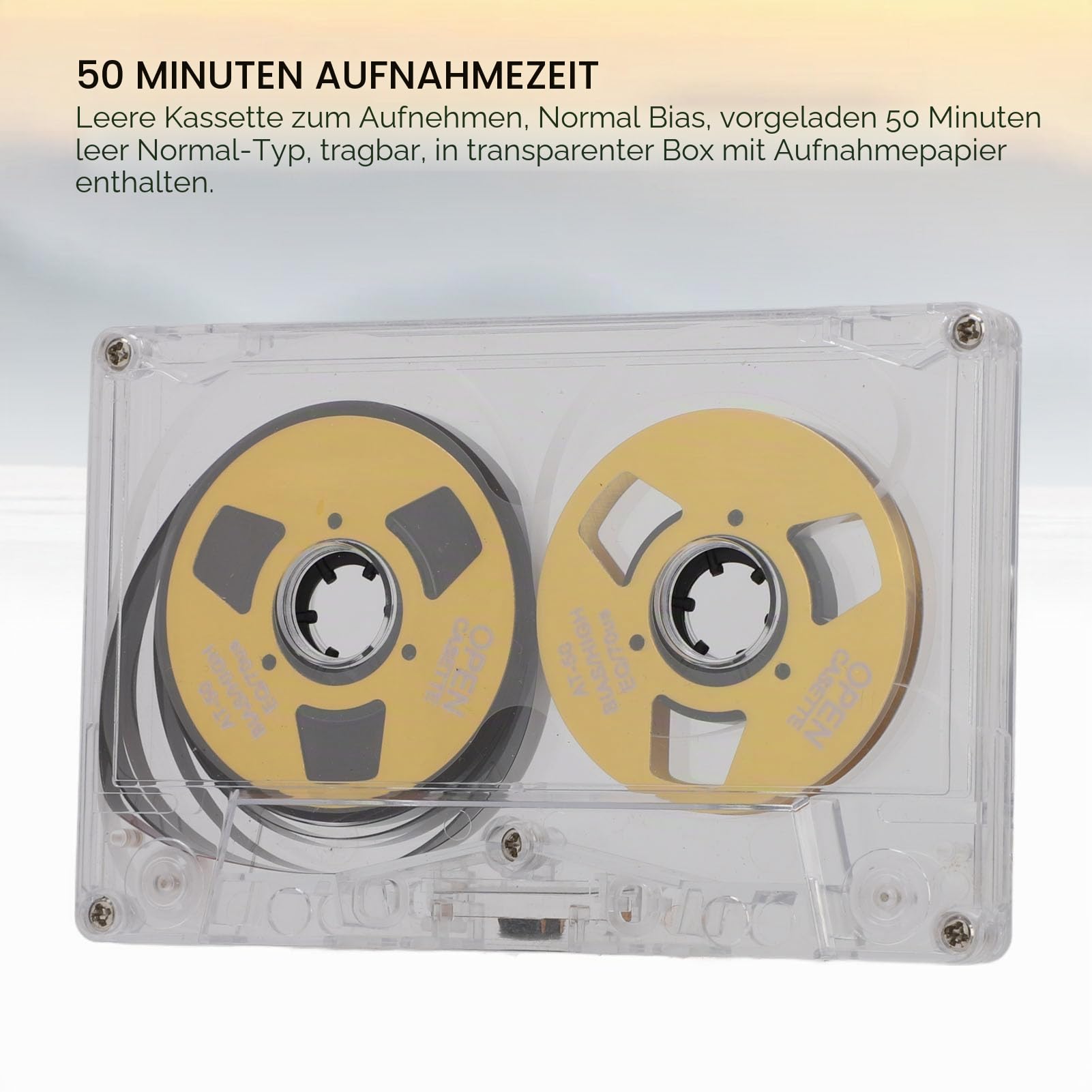 Leere Kassette von Rolle zu Rolle, 50 Minuten Aufnahmezeit, Normale Vorspannung, Doppelseitig, Metall-Tonkassette mit Transparenter Box