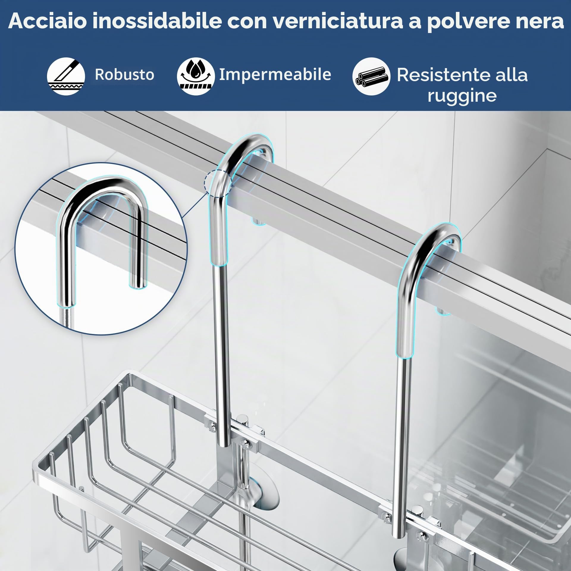 Pickpiff Mensoladoccia da appendere, mensola shampoo, supporto in vetro, cestino senza foratura, shampoo, supporto in gel, in acciaio inox, argento, altezza 57 cm