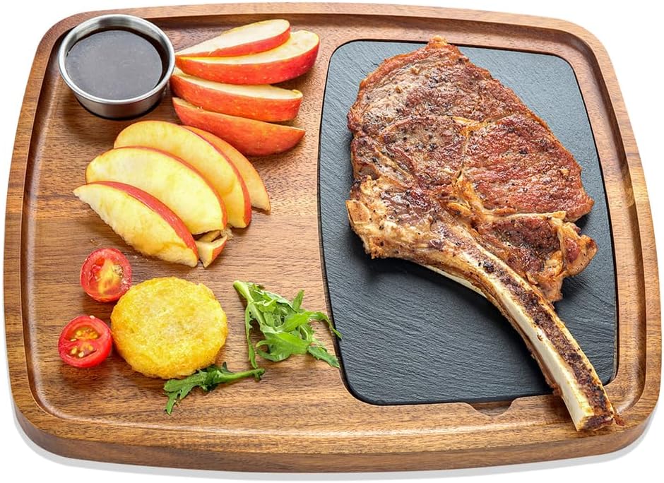 Acacia Wood Serving Plate with Sauce Cup & Removable Slate Insert for Meat Sausages Cheese, Steak Serving Tray Cutting Board Serving Platter Cheese Platter Perfect for Housewarming Christmas